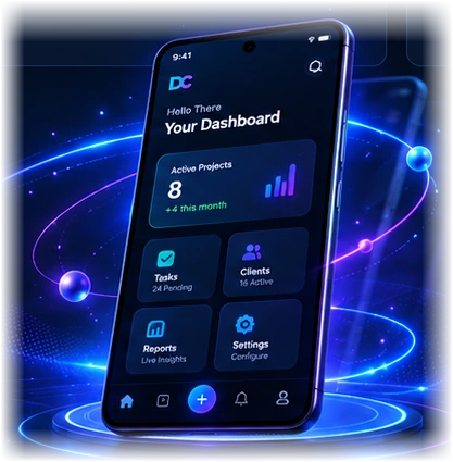 Illustration of an Android phone with DC Nexa Resources dashboard